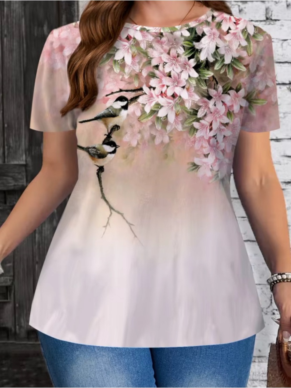 Floral Chickadee Bird Print Pink Women's Short Sleeve Top